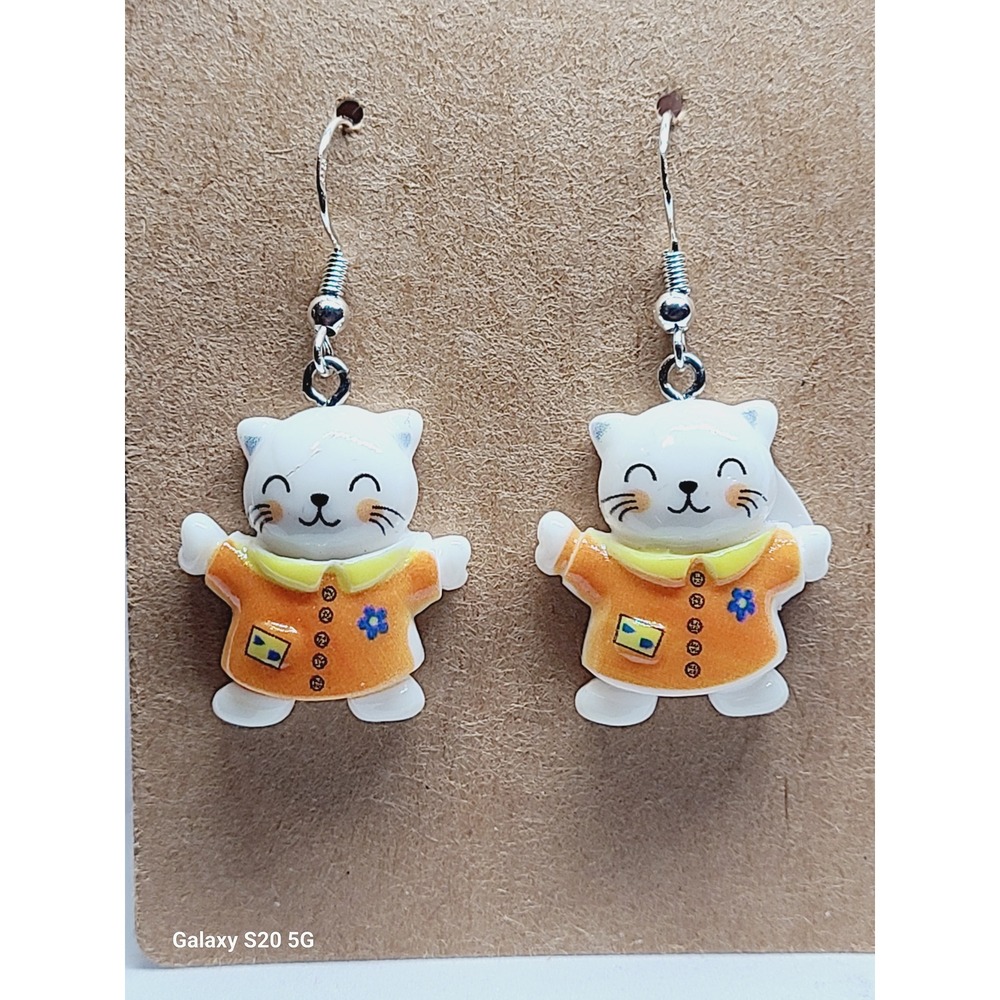 Handmade Cat in Orange‎ Shirt Drop Earrings Whimsical White Feline Jewelry